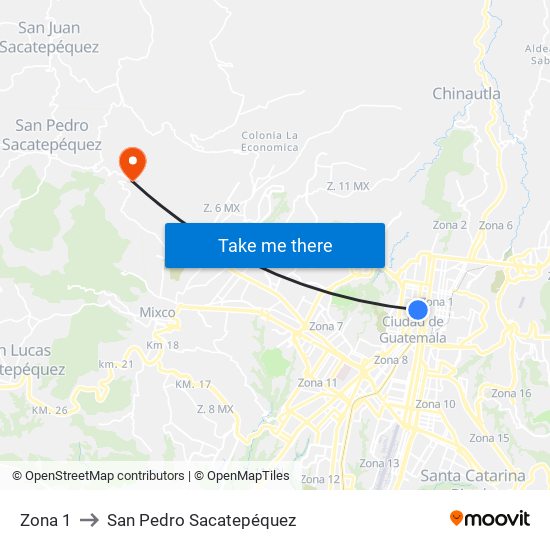 Zona 1 to San Pedro Sacatepéquez map