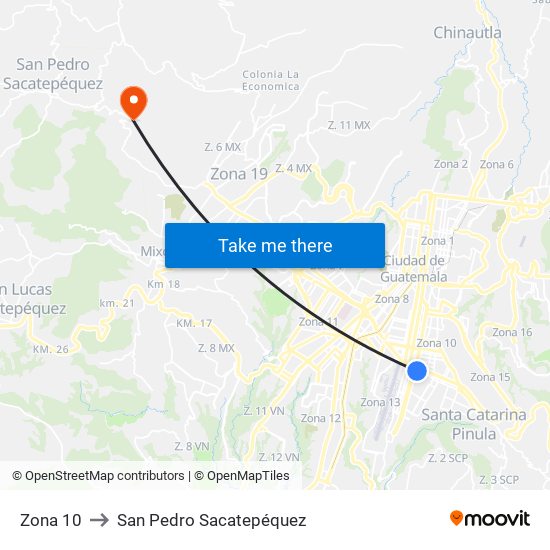 Zona 10 to San Pedro Sacatepéquez map