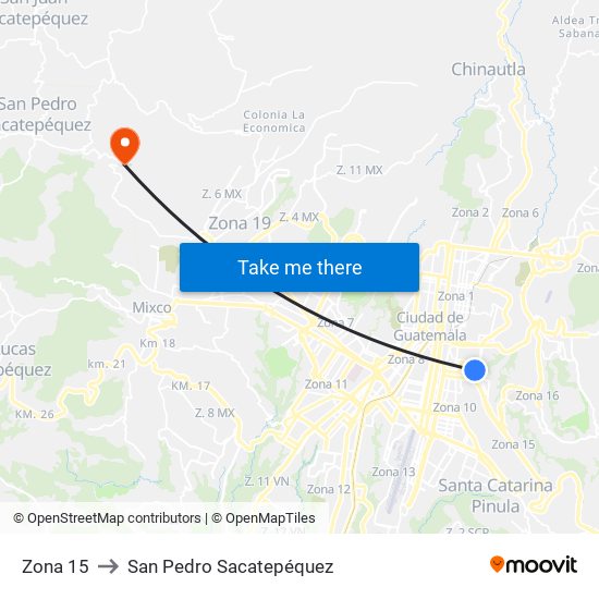Zona 15 to San Pedro Sacatepéquez map