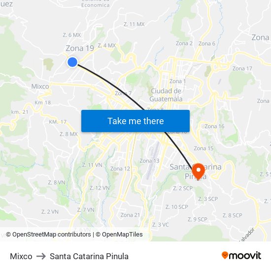 Mixco to Santa Catarina Pinula map