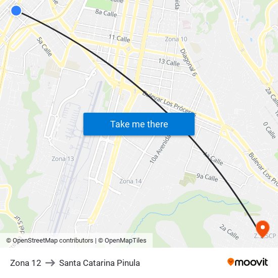 Zona 12 to Santa Catarina Pinula map