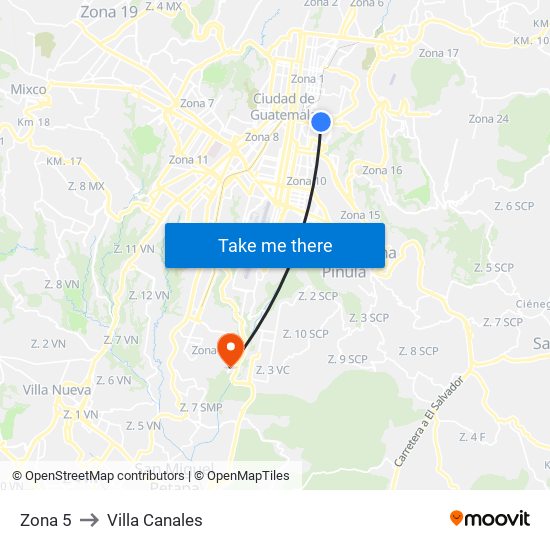 Zona 5 to Villa Canales map