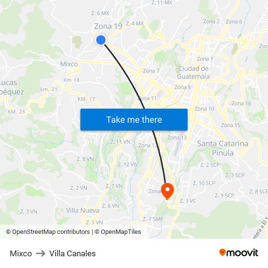 Mixco to Villa Canales map