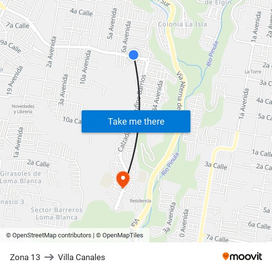 Zona 13 to Villa Canales map