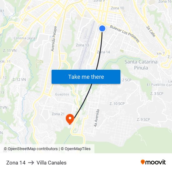 Zona 14 to Villa Canales map