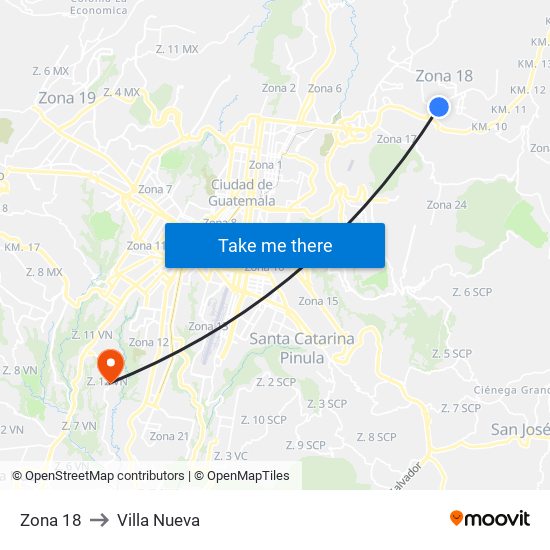 Zona 18 to Villa Nueva map