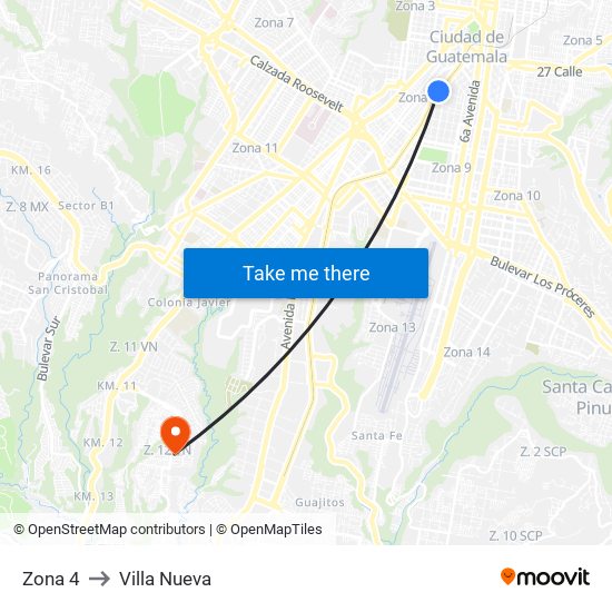 Zona 4 to Villa Nueva map