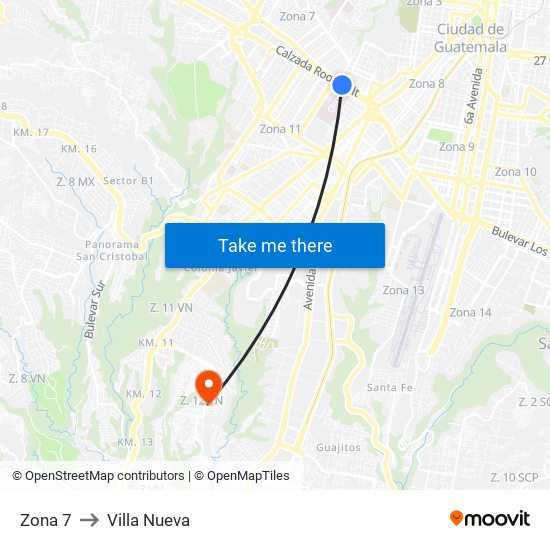 Zona 7 to Villa Nueva map