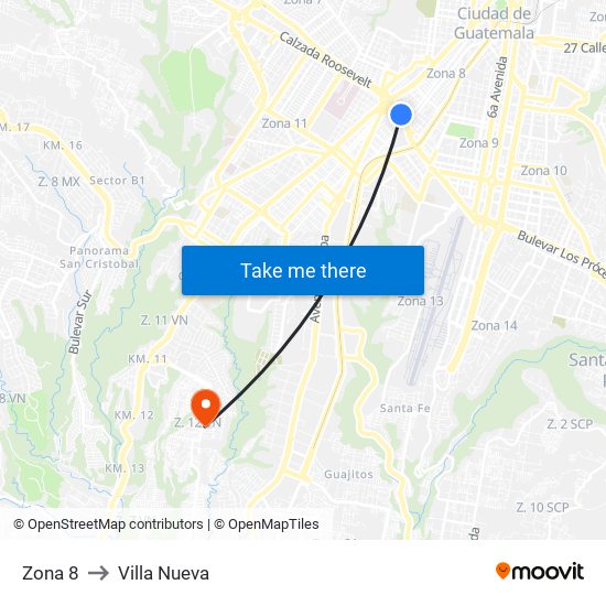 Zona 8 to Villa Nueva map