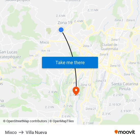 Mixco to Villa Nueva map