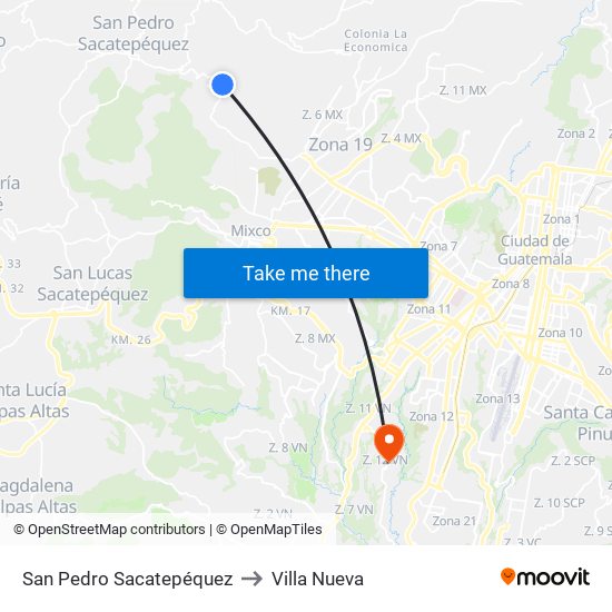 San Pedro Sacatepéquez to Villa Nueva map