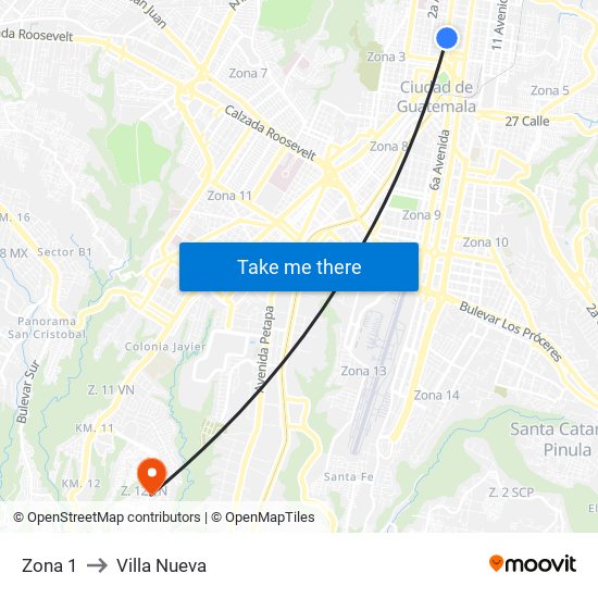 Zona 1 to Villa Nueva map