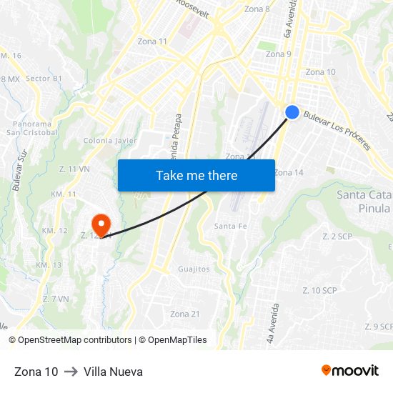 Zona 10 to Villa Nueva map