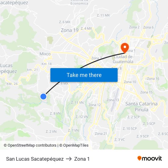 San Lucas Sacatepéquez to Zona 1 map