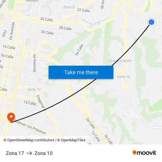 Zona 17 to Zona 10 map