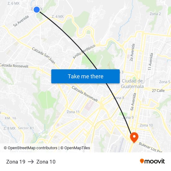 Zona 19 to Zona 10 map