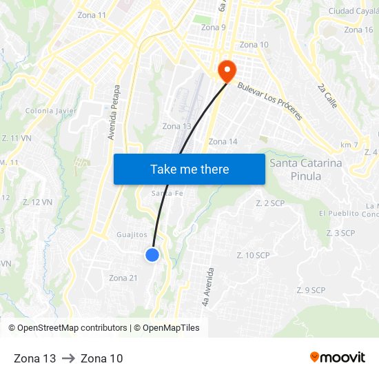 Zona 13 to Zona 10 map