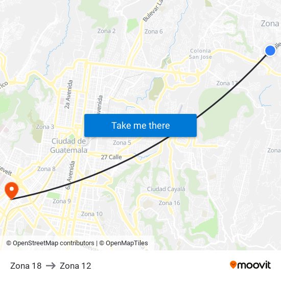 Zona 18 to Zona 12 map