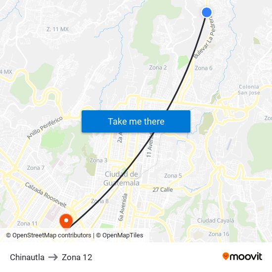 Chinautla to Zona 12 map