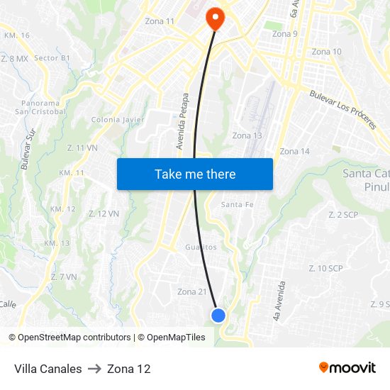 Villa Canales to Zona 12 map