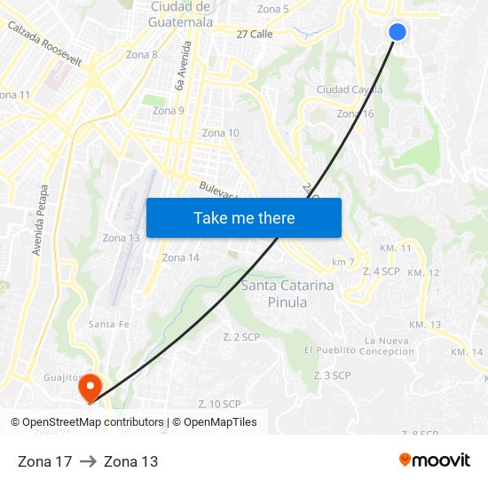 Zona 17 to Zona 13 map