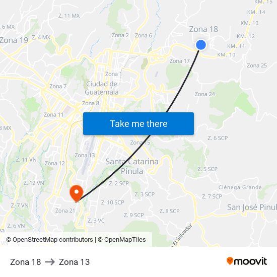 Zona 18 to Zona 13 map