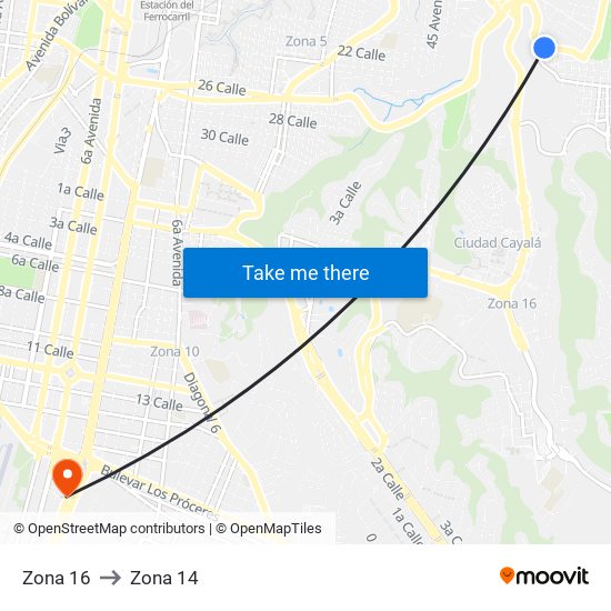 Zona 16 to Zona 14 map