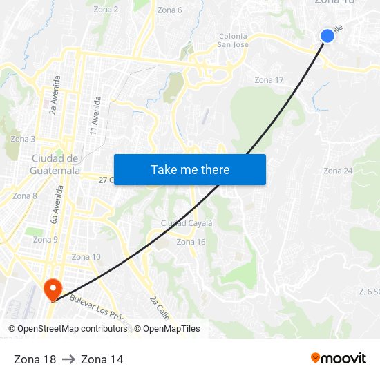 Zona 18 to Zona 14 map