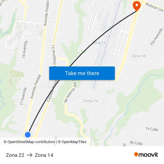 Zona 22 to Zona 14 map