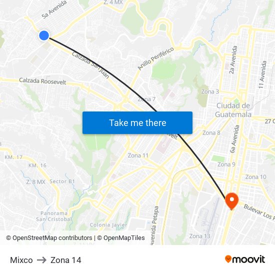 Mixco to Zona 14 map