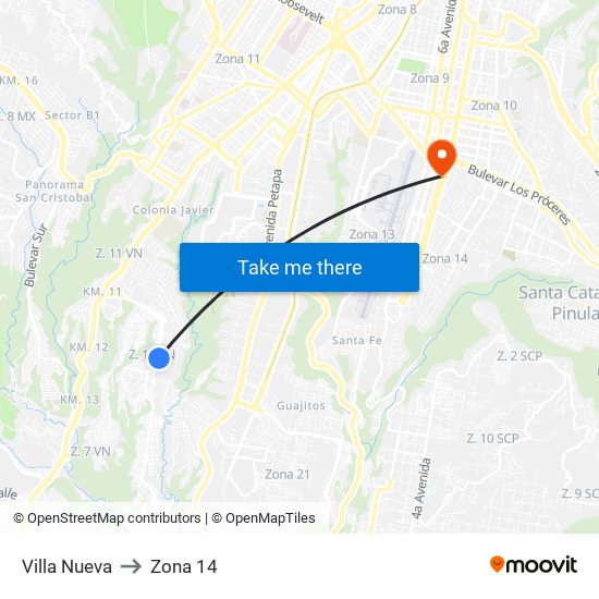 Villa Nueva to Zona 14 map