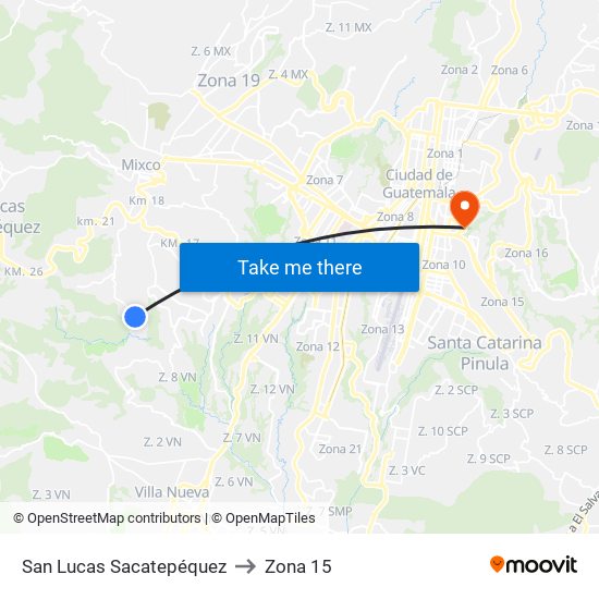 San Lucas Sacatepéquez to Zona 15 map