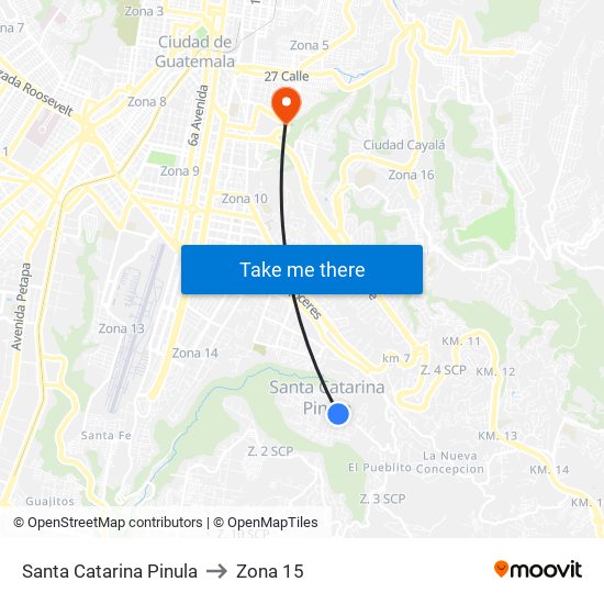 Santa Catarina Pinula to Zona 15 map