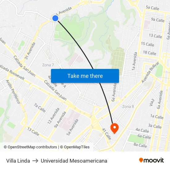 Villa Linda to Universidad Mesoamericana map