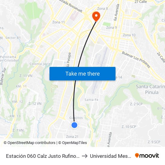 Estación 060 Calz Justo Rufino Barrios 3 Avenida to Universidad Mesoamericana map