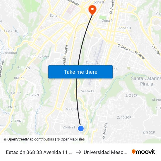 Estación 068 33 Avenida 11 Calle Zona 21 to Universidad Mesoamericana map