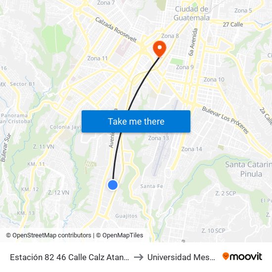 Estación 82 46 Calle Calz Atanasio Tzul (Dir Sur) to Universidad Mesoamericana map
