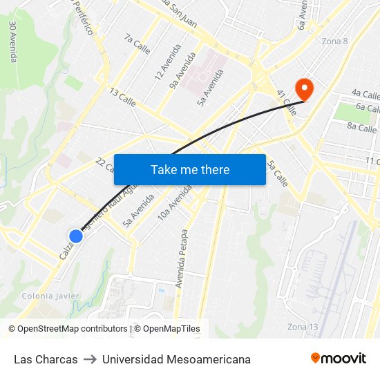 Las Charcas to Universidad Mesoamericana map