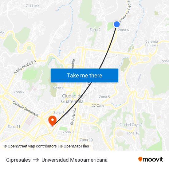 Cipresales to Universidad Mesoamericana map