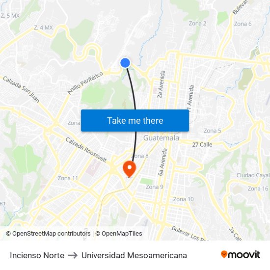 Incienso Norte to Universidad Mesoamericana map