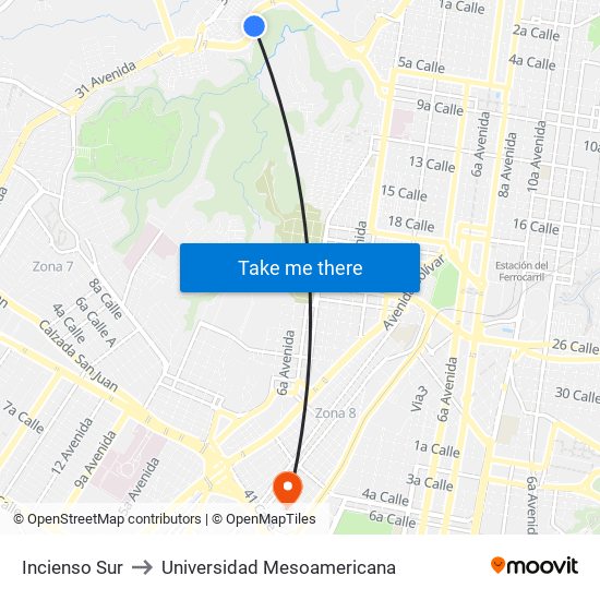 Incienso Sur to Universidad Mesoamericana map