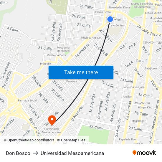 Don Bosco to Universidad Mesoamericana map