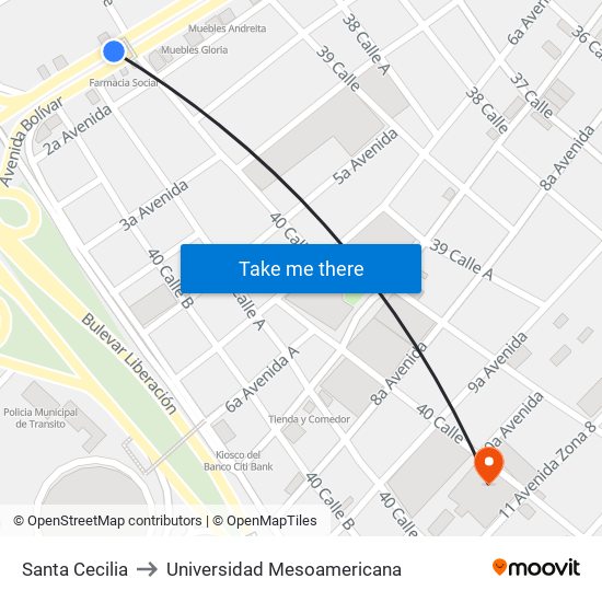 Santa Cecilia to Universidad Mesoamericana map