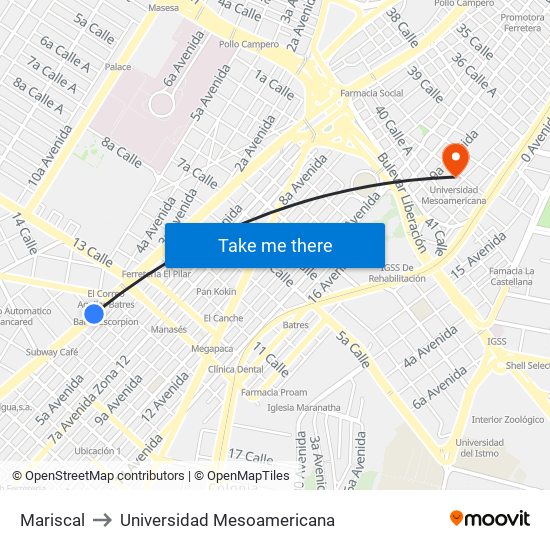 Mariscal to Universidad Mesoamericana map