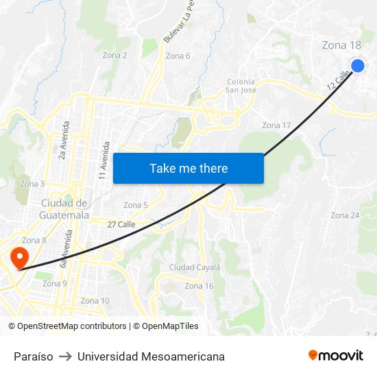 Paraíso to Universidad Mesoamericana map