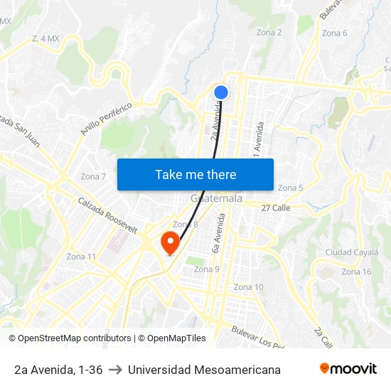 2a Avenida, 1-36 to Universidad Mesoamericana map