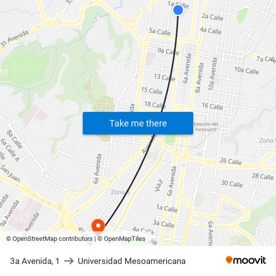 3a Avenida, 1 to Universidad Mesoamericana map