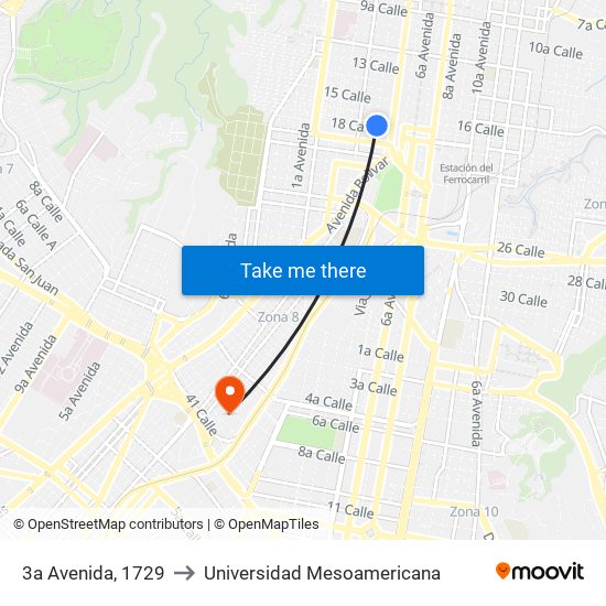 3a Avenida, 1729 to Universidad Mesoamericana map