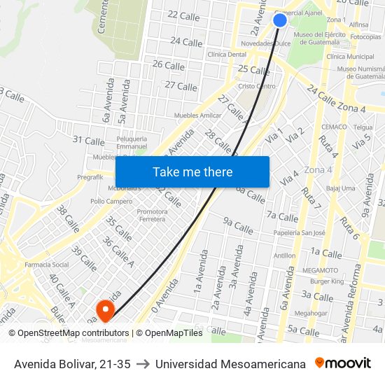 Avenida Bolivar, 21-35 to Universidad Mesoamericana map