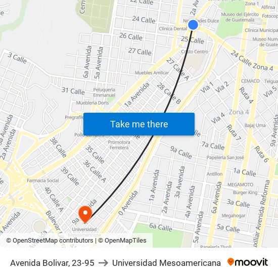 Avenida Bolivar, 23-95 to Universidad Mesoamericana map